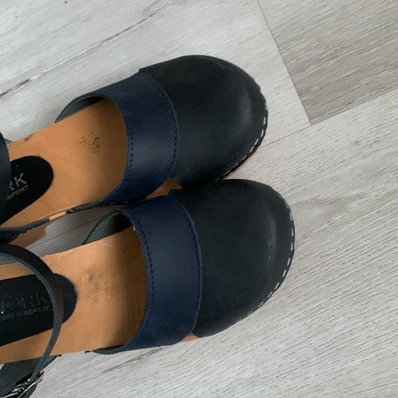 BJORK Mila Swedish comfort Wood Clog Sandals Sz 37 two tones wedges boho leather - Picture 3 of 10